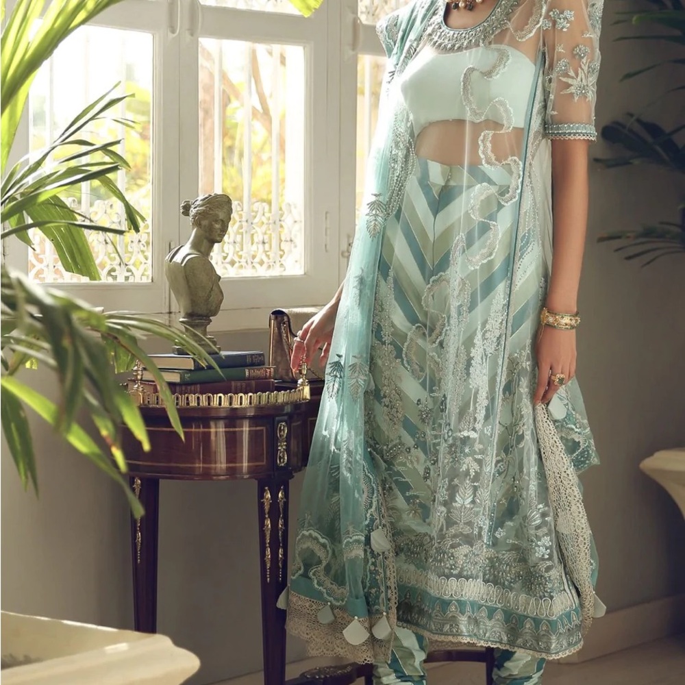 Elan Aqua and White Embroidered Kurta